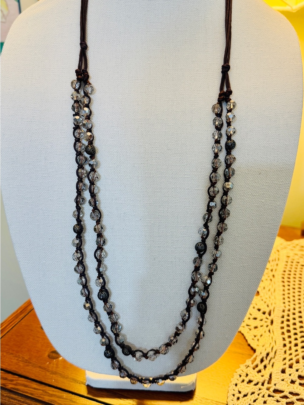 Chico's Brown Cord with Clear Bead Layered Adjustable Necklace
